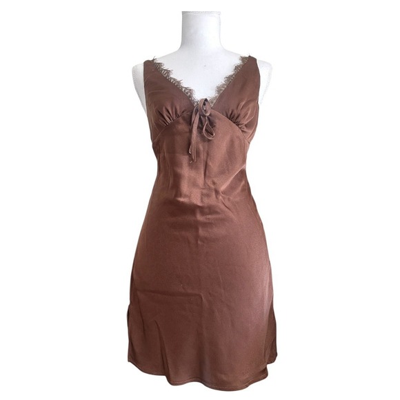 NWT White Fox See You In My Mind Mini Satin Dress Chocolate Brown Sz S Coquette - Picture 9 of 16